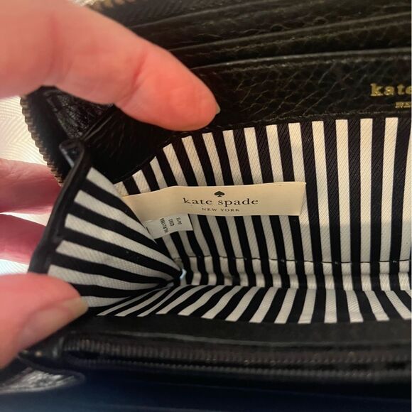 kate spade black leather wallet with black‎ and white stripe lining, like new! - Picture 7 of 11